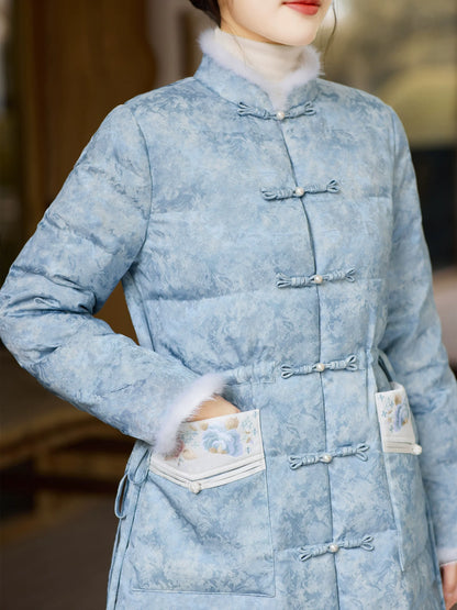 Pine Smoke 松烟客 - Sky Blue Down Coat for Women with Frog Buttons, Qipao-Inspired Winter Outerwear