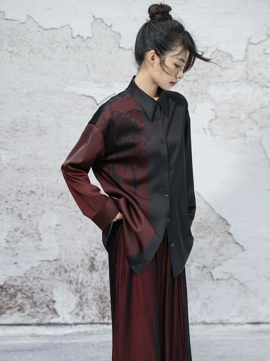 New Chinese Style Dark Satin Black and Red Chrysanthemum Printed Long Sleeve Top - Nine Autumn Guest 九秋客