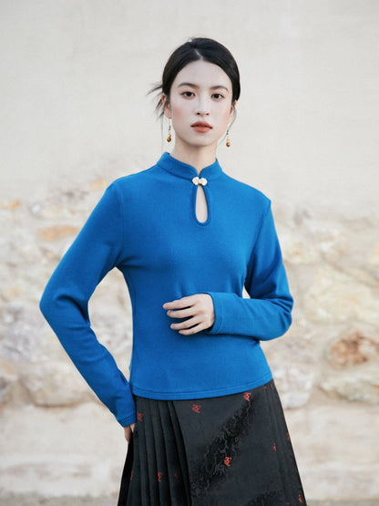 New Chinese Style Knitted Top in Blue - Wind Bamboo