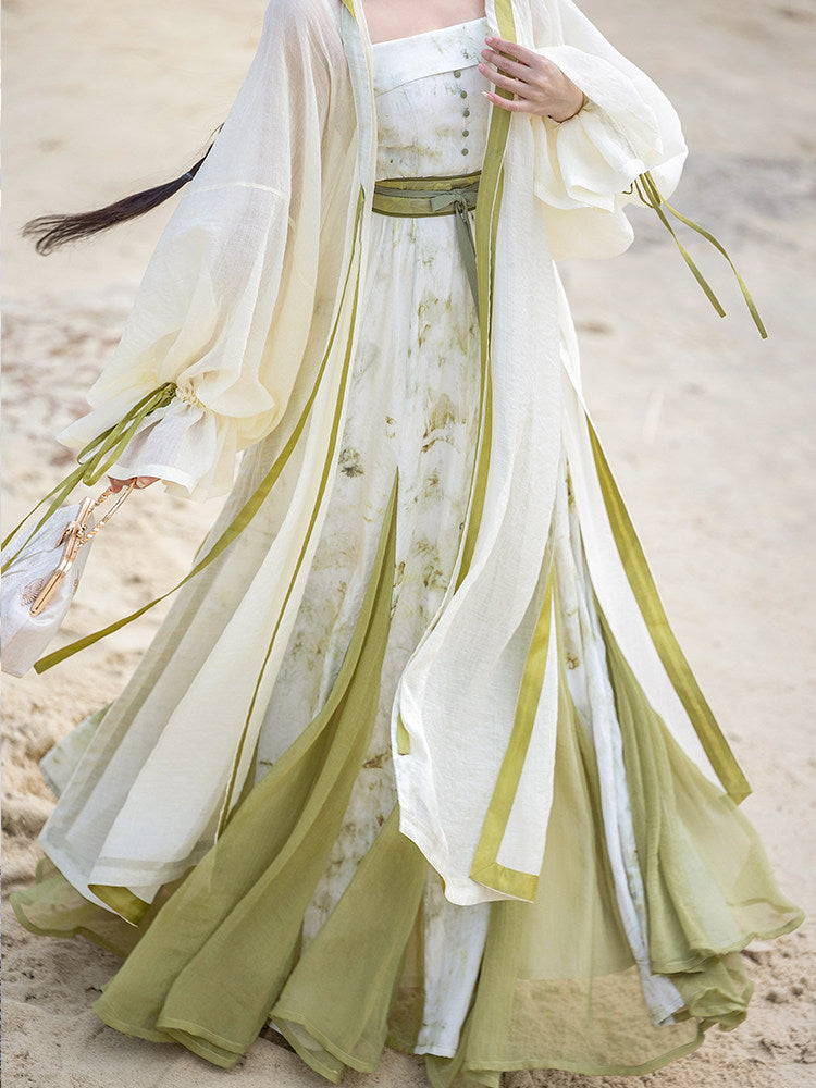 New Chinese Style Botanic Tie Dye Dress and Long Robe Hanfu Set - Qingyuan 青玉案 (Preorder)
