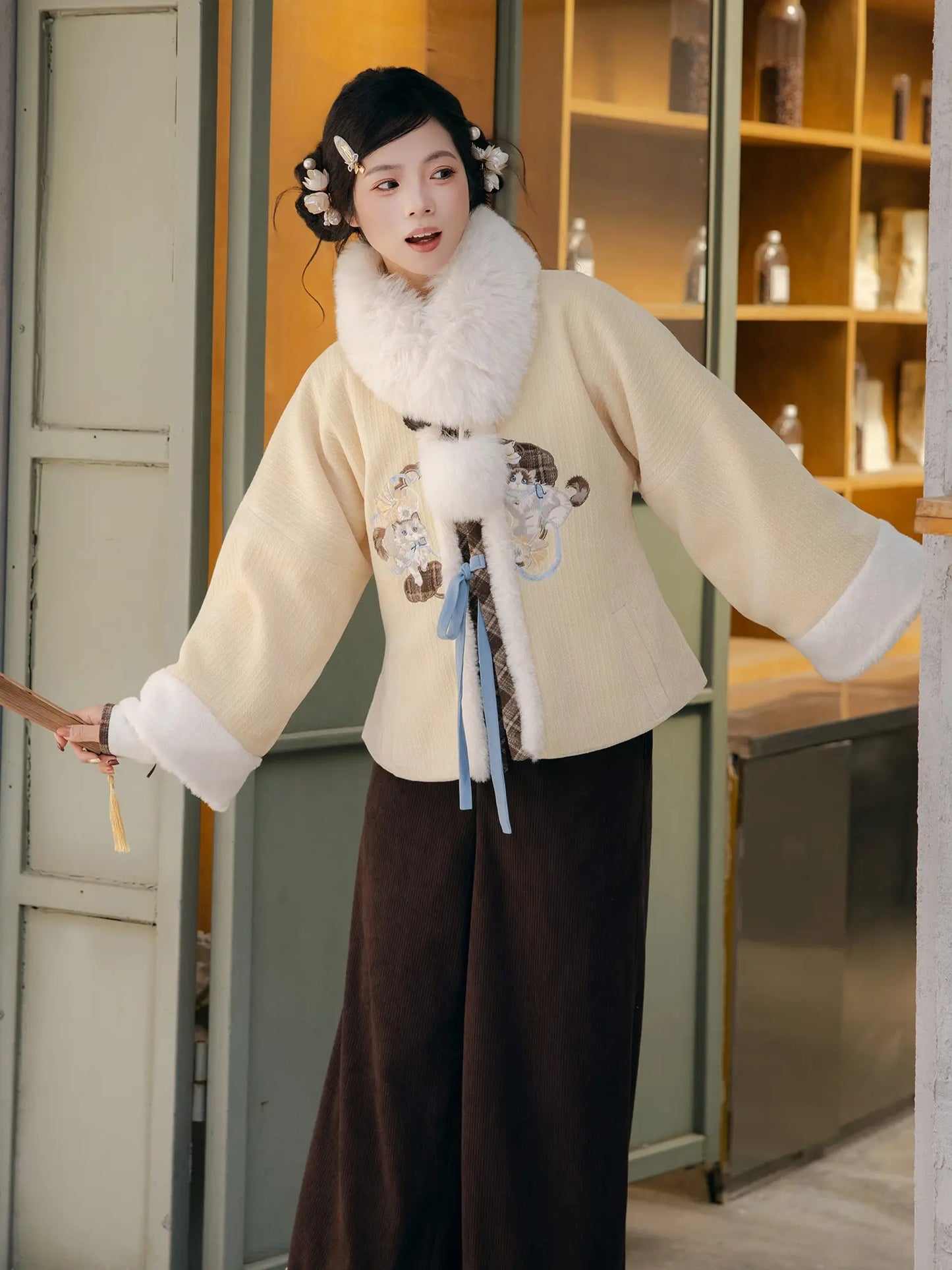New Chinese Style Coat and Wide Leg Pants - Puppet Custard 布偶奶黄包