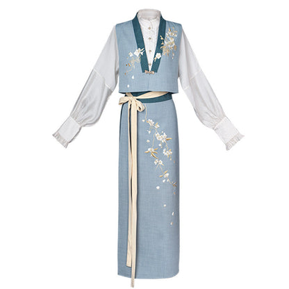 New Chinese Style Long Sleeve Shirt with Spiral Skirt and Embroidered Vest - Pear Blossoms 梨花曲 (Preorder)