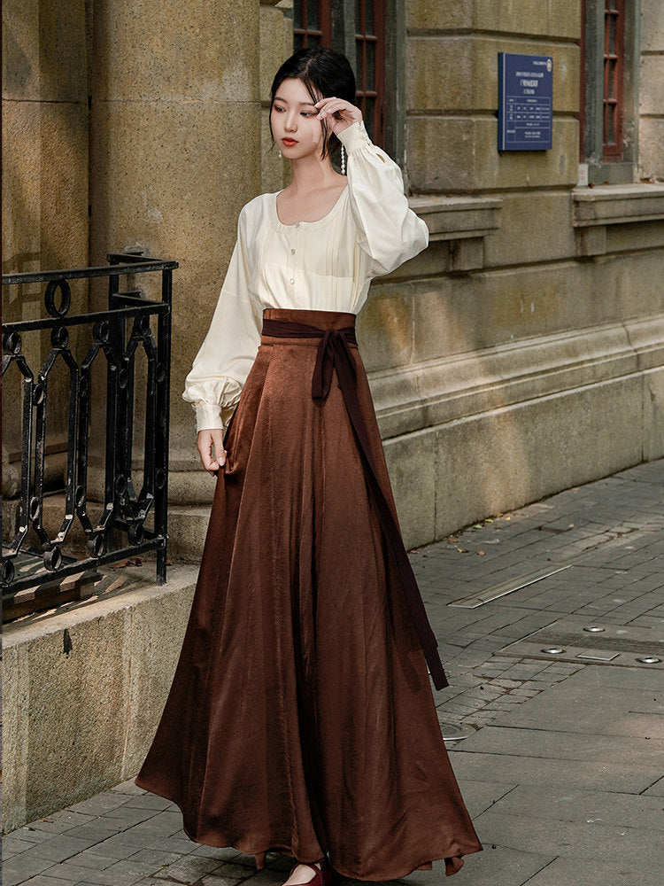 Tang Dynasty Modern Hanfu Sweetheart Collar Shirt and Wrap Skirt - Qiufen 秋分 (Preorder)