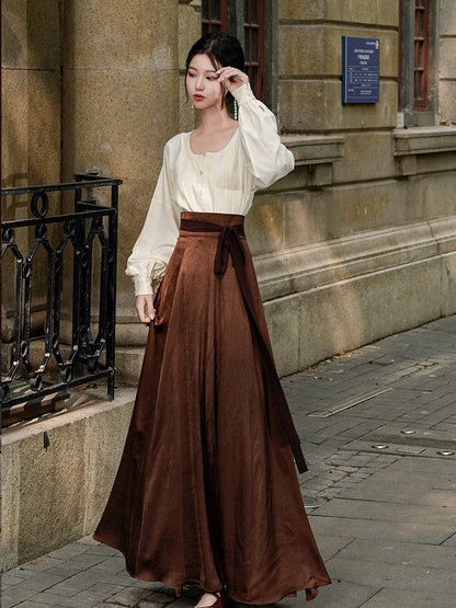 Tang Dynasty Modern Hanfu Sweetheart Collar Shirt and Wrap Skirt - Qiufen 秋分 (Preorder)