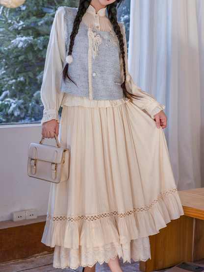 Ming Dynasty Modern Hanfu Vest and Layered Skirt - Sea Salt Magnolia 海盐玉兰