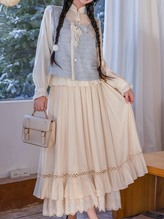 Ming Dynasty Modern Hanfu Vest and Layered Skirt - Sea Salt Magnolia 海盐玉兰