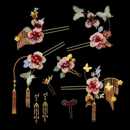 Spark of the Golden Orchid - Gradient Floral Bridal Hair Accessories Light Butterfly Headpiece for Chinese Wedding