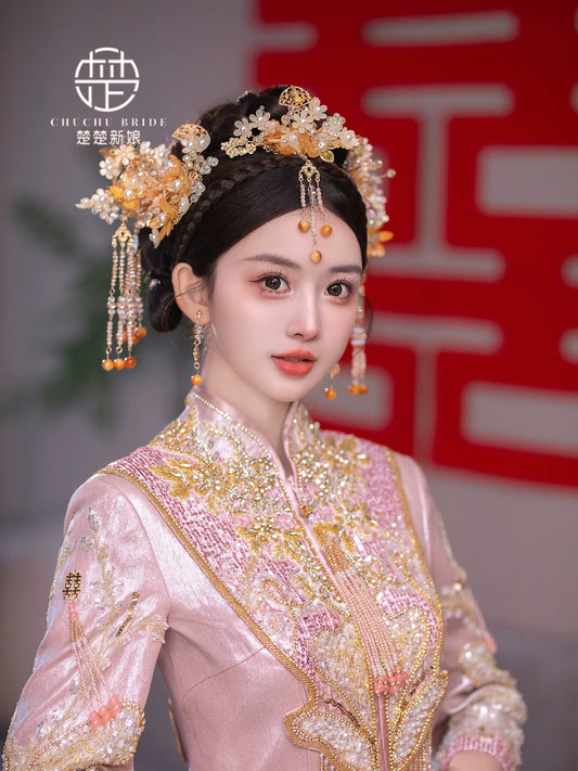 Golden Bloom Radiance - Minimalist Gold Bridal Phoenix Crown for Hanfu Wedding Outfit