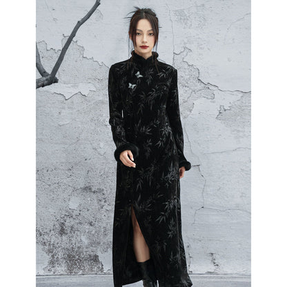 New Chinese Style Bamboo Leaf Embossed Slit Cheongsam Dress - Rongyue 溶月