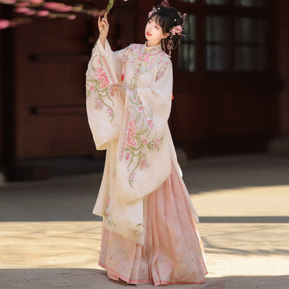Ming Dynasty Hanfu Set with Embroidered Cloud Collar & Mamian Skirt｜Spring Walk 游春