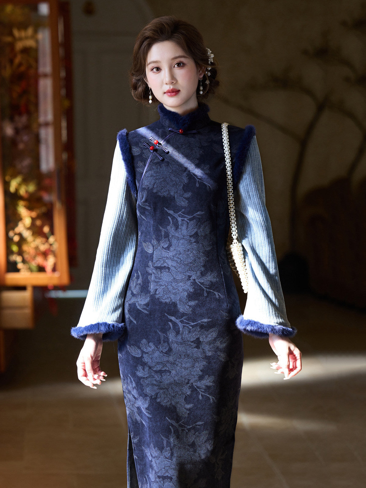 Long Sleeve Fur Trim Floral Qipao | Slow Days