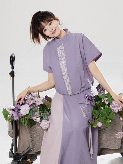 Xunshan | New Chinese Style Stand Collar Top and Skirt Set