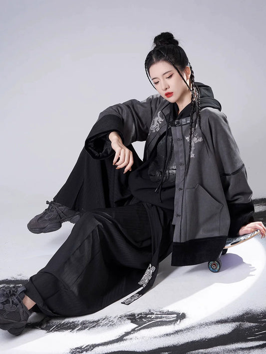 Song Dynasty Modern Hanfu Set with Hooded Jacket and Wide Leg Pants - Longding 龙鼎 (Preorder)
