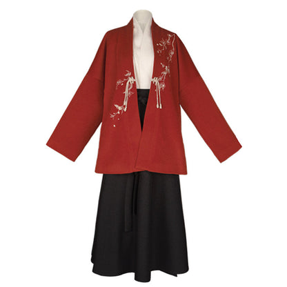 Song Dynasty Modern Hanfu Winged Sleeve Top and Wrap Skirt for Autumn and Winter - Plum Fragrance 倚梅香 (Preorder)