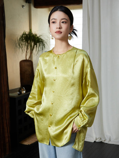 New Chinese Style Crew Neck Drape Shirt - Qinmo 琴默