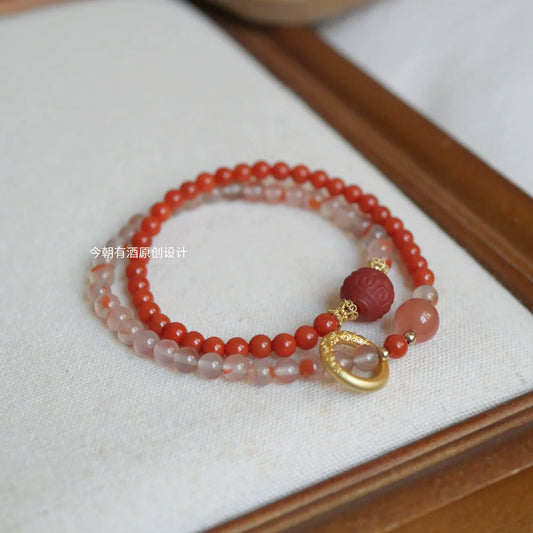 Original Nezha Southern Red Agate Bracelet Multi-Circle Buddha Beads, Chinese Style Red Gift