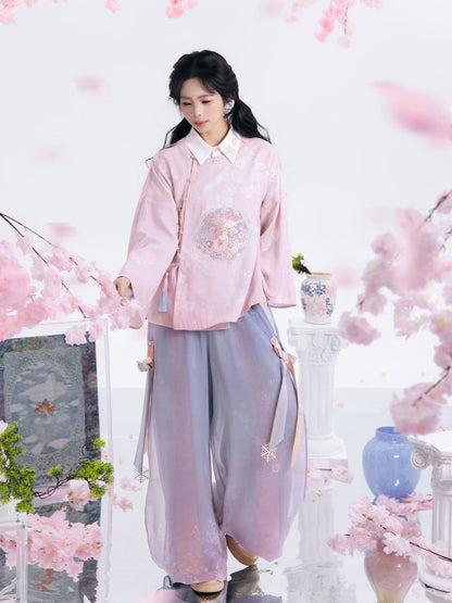 Ming Dynasty Modern Hanfu Brocade Mamian Skirt & Faux Two-Piece Chinese Style Top 雪霁逢春