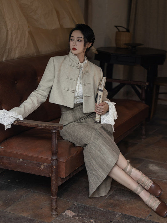 New Chinese Style Women Cropped Blazer & Skirt - Twilight 暮色 (Preorder)