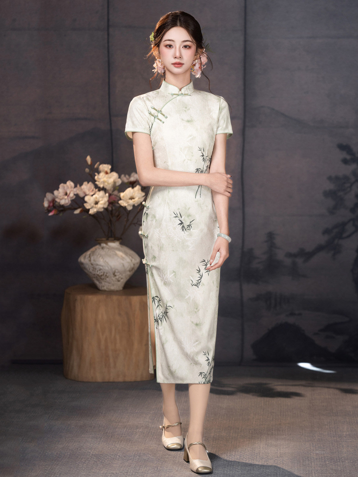 Short Sleeve Floral Midi Cheongsam | Ink