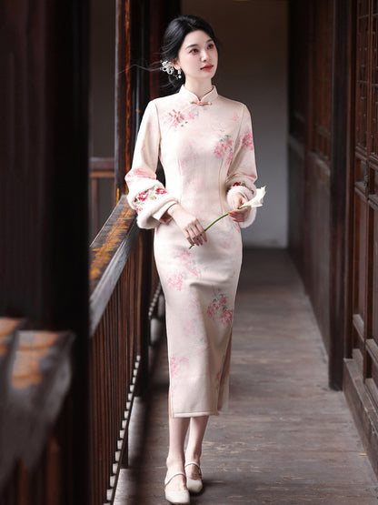 Long Sleeve Fur Trim Soft Pink Floral Qipao | Blush