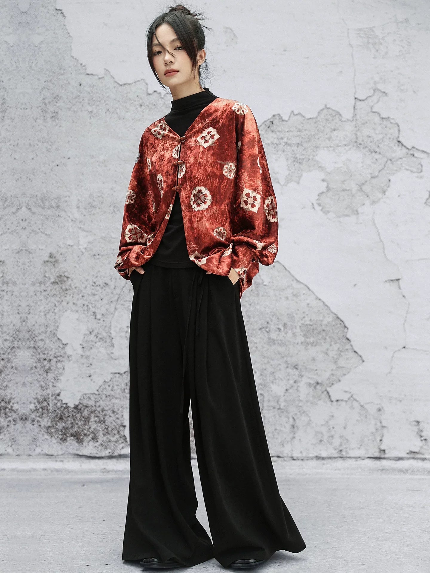 New Chinese Style Autumn Orange Red Print Loose Bat Sleeve Velvet Jacket