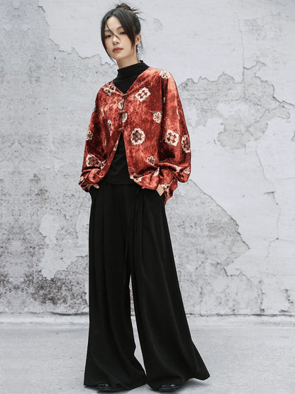 New Chinese Style Autumn Orange Red Print Loose Bat Sleeve Velvet Jacket