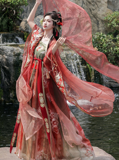 Zan Hong | Festive Red Hanfu Set with Embroidered Qixiong Dress and Wide Sleeve Cardigan