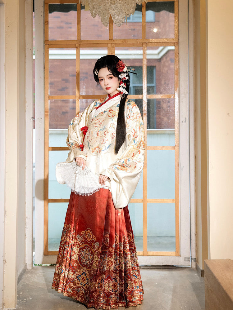 Ming Dynasty White Pipa Sleeve Top & Red Woven Horse Face Skirt | As Wished 如愿