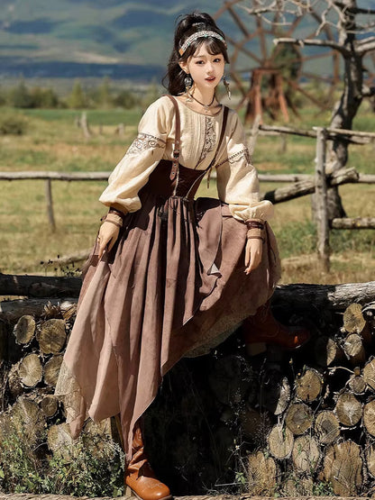 Golden Dunes | Modern Chinese Hanfu Set with Shawl Top and Suspender Dress