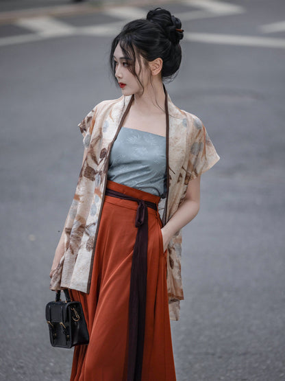 Song Dynasty Modern Hanfu Winged Sleeve Top or Sleeveless Vest - Withered Flowers 枯木生花 (Preorder)