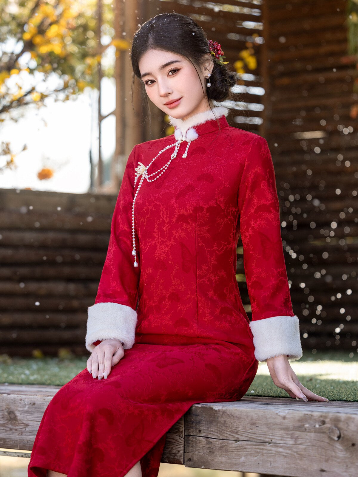 Chinese Wedding Engagement & Tea Ceremony Long Sleeve Cheongsam | Juedai