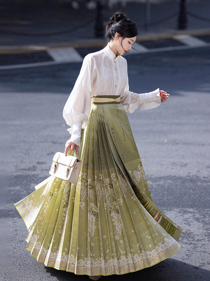 Ming Dynasty Modern Hanfu Long Sleeve Shirt with Mamianqun - Acacia Flower 咏槐花