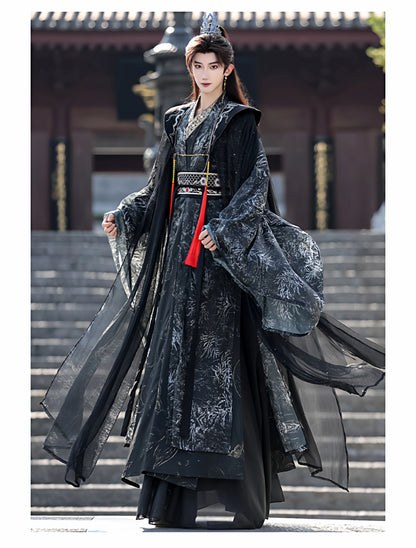 Night Ink Sovereign 夜墨青王 - Unisex Hanfu Cloak Robe in Dark Immortal Style, Song-Inspired Chinese Outfit