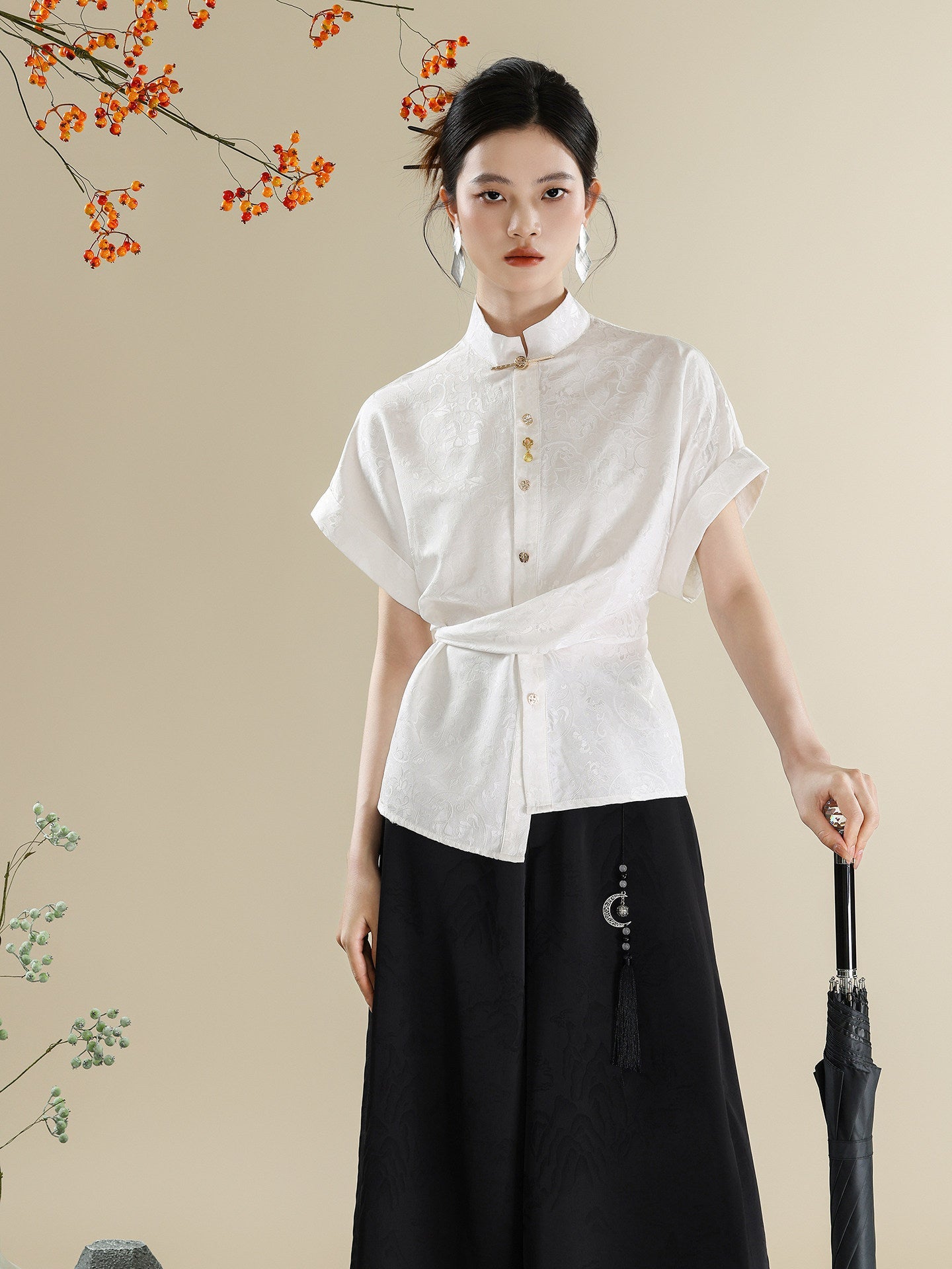 New Chinese Style Mandarin Collar Shirt & Wide-Leg Trousers Three-Piece Set