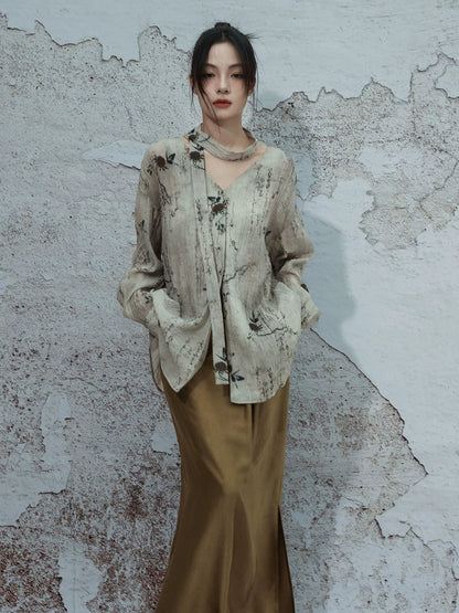 New Chinese Style Vintage Ink Butterfly Shadow V-Neck Shirt