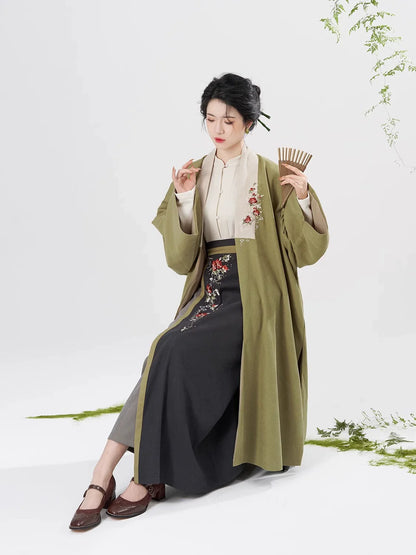 Song Dynasty Modern Hanfu Set with Long Sleeve Top and Spiral Skirt - Spring Realm 人间景 (Preorder)