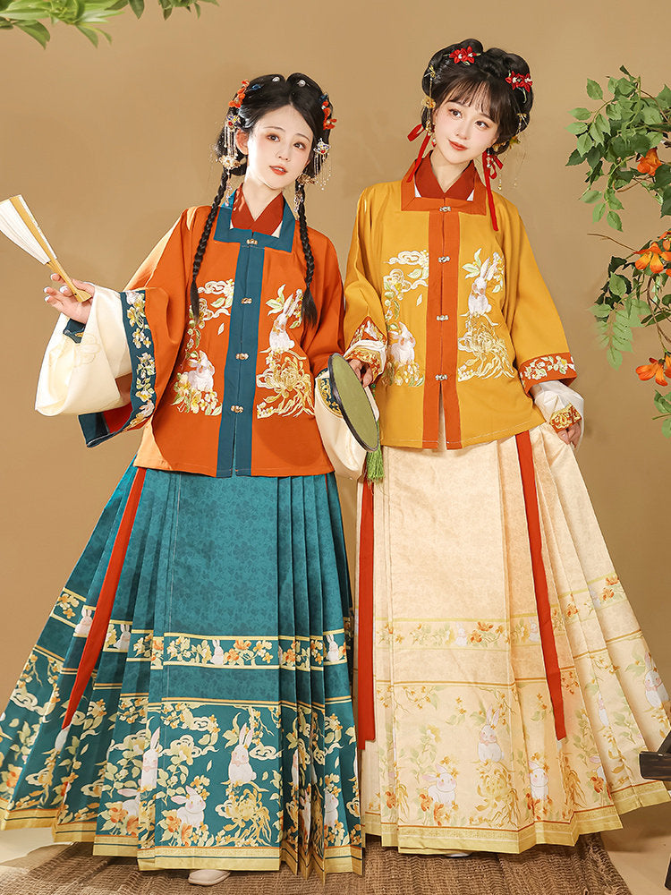 Ming Dynasty Embroidered Square Collar Jacket & Printed Mamian Skirt | Money Rabbit 钱兔