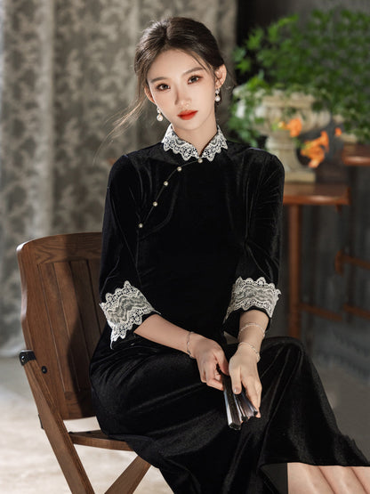 Mid Sleeve A Line Lace Cheongsam | Onyx