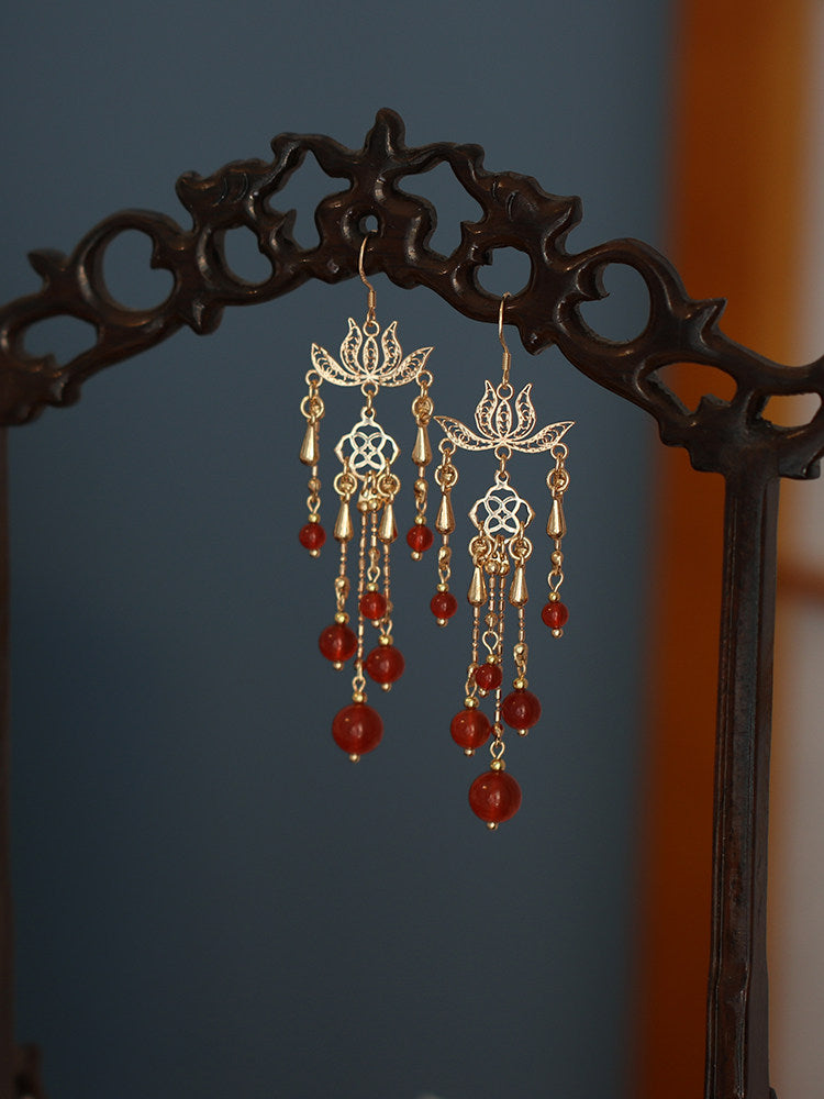 Blooming Lotus Red Agate Bridal Earrings | Hanfu Jewelry