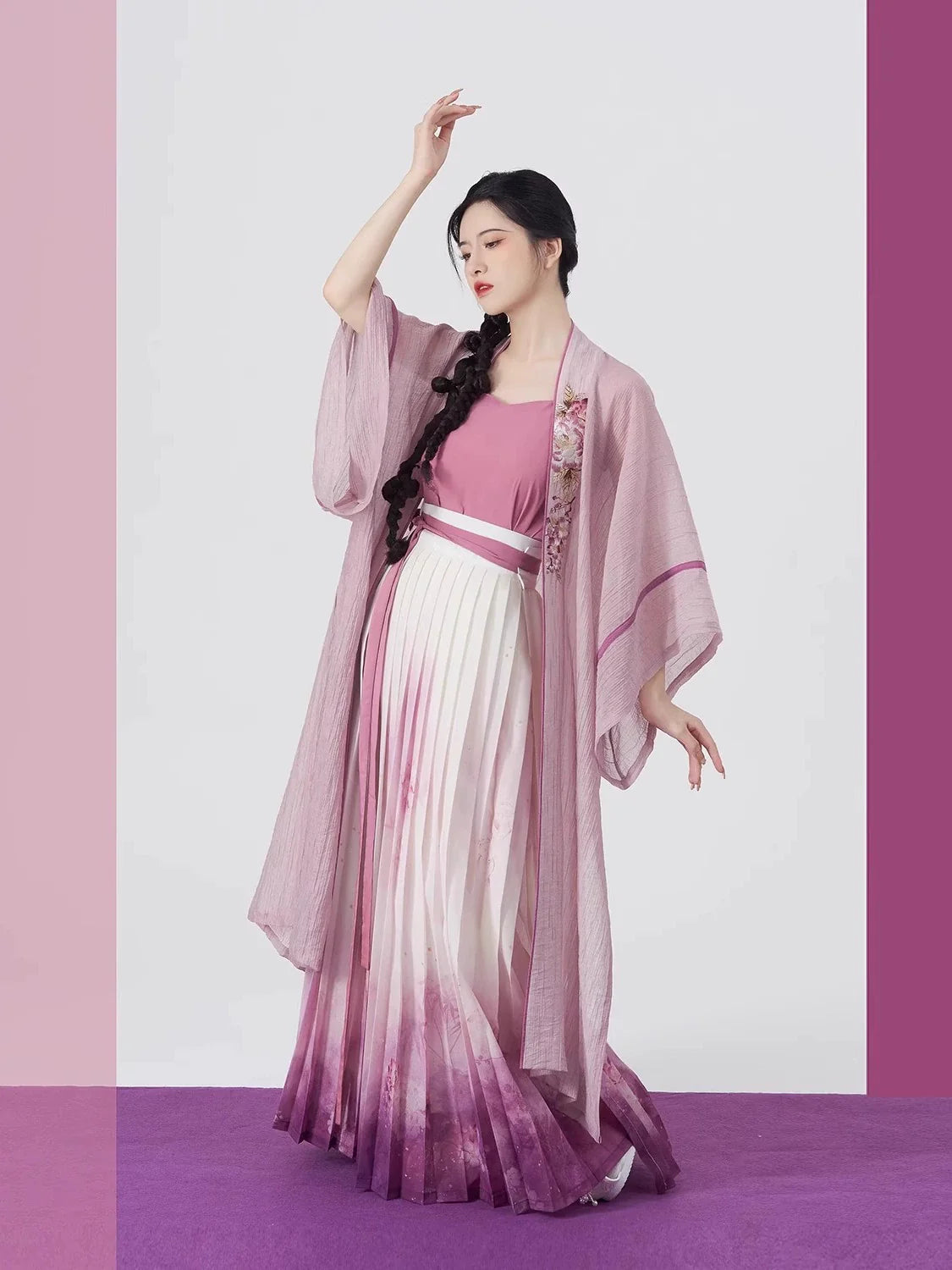 Song Dynasty Modern Hanfu Set with Changgan Temple Beizi and Wrap Skirt - Pink Carved Jade 粉雕玉琢 (Preorder)