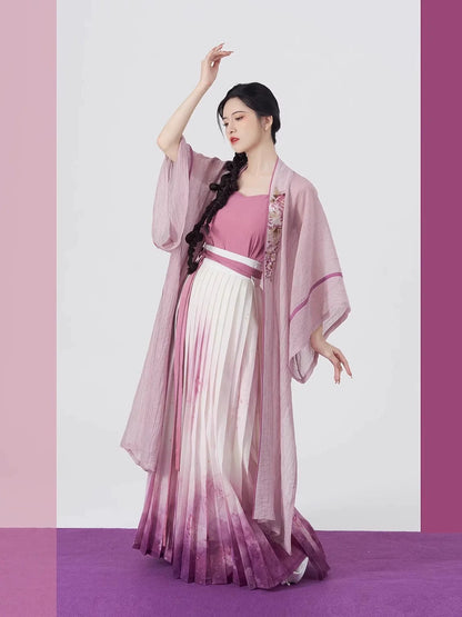 Song Dynasty Modern Hanfu Set with Changgan Temple Beizi and Wrap Skirt - Pink Carved Jade 粉雕玉琢 (Preorder)