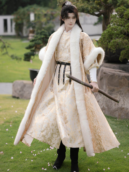 Royalty and Wealth | Tang Dynasty Round Collar Robe and Eco Faux Arctic Fox Gold Woven Fur Coat