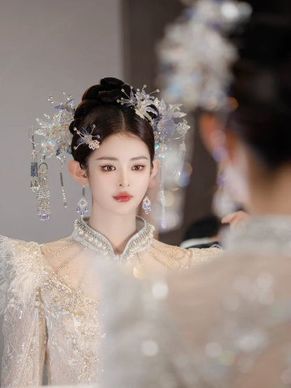 Winter Moonlit Blue Veil - Blue Floral Bridal Hairpin Ancient Style Hair Accessories for Hanfu and Wedding Dress