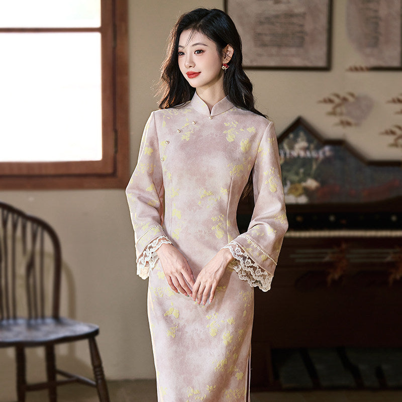 Long Sleeve Lace Trim Long Cheongsam | Clear Tea