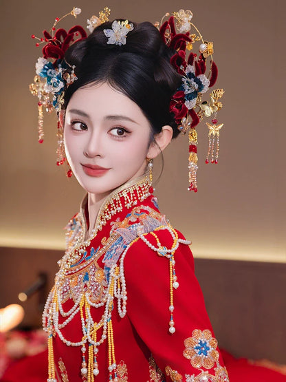 Crown of Crimson Dreams - Red Velvet Bridal Hairband with Tassel Hairpin Classical Chinese Wedding Hair Accessories for Hanfu and Xiuhe Bride