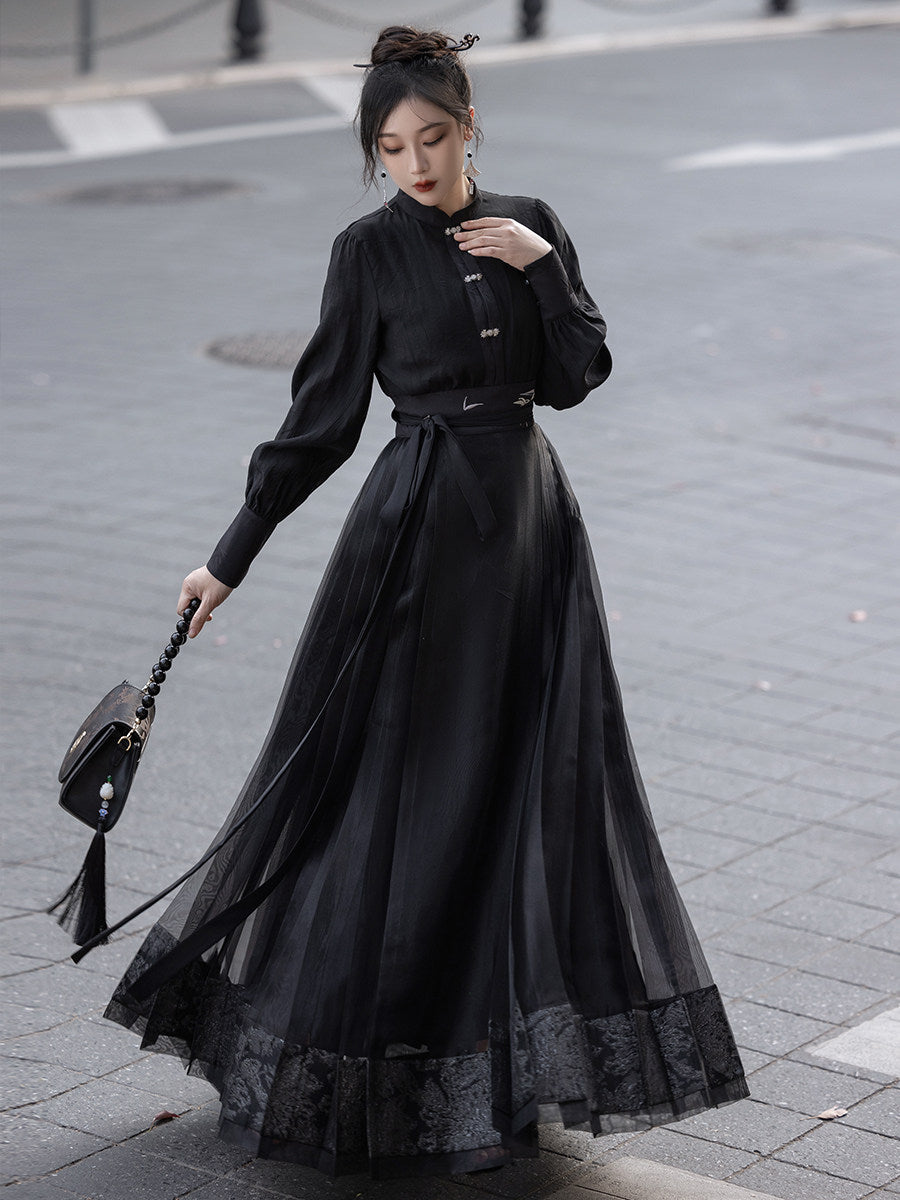Chinese Long Sleeve Top & Sheer Mamian Skirt Outfit | Oriental Bone 东方骨