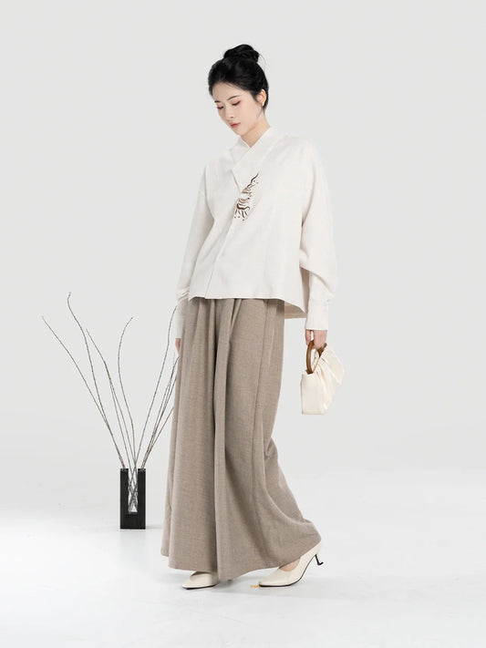 New Chinese Style Women Sun Embroidered Shirt with Wide Leg Pants - Guangfu 光芜 (Preorder)