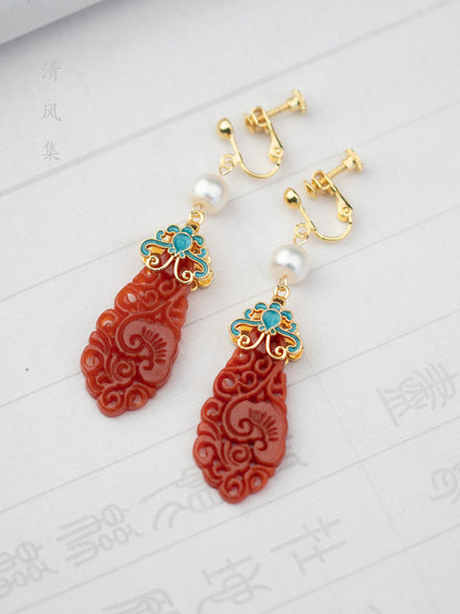 Natural Red Jade Antique Earrings | Hanfu Jewelry