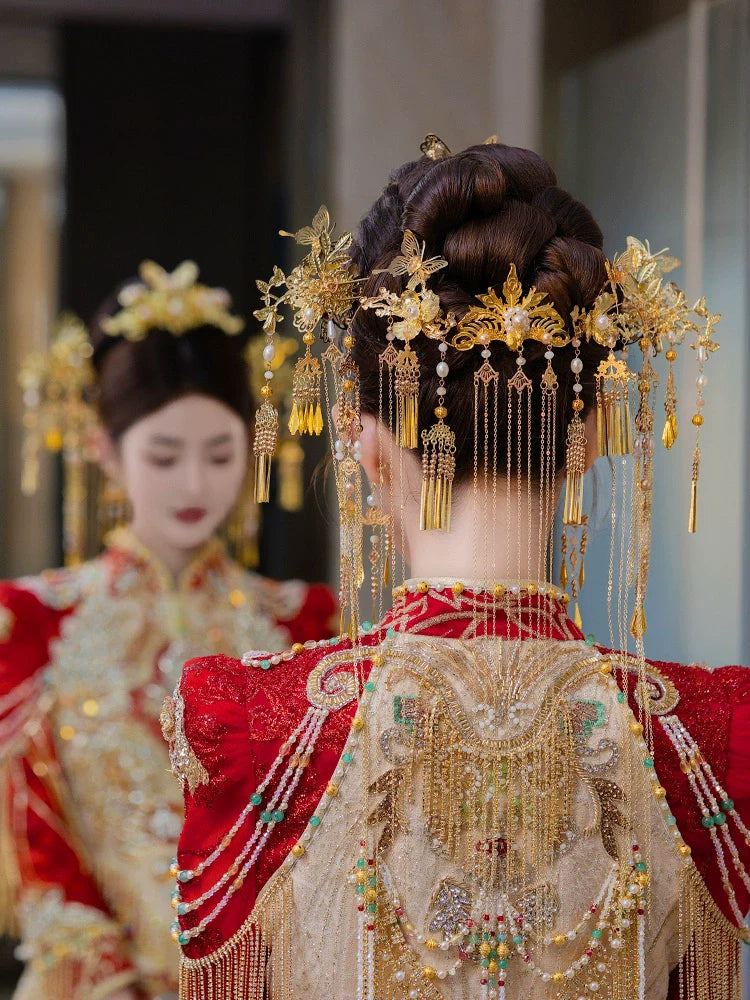 Golden Butterfly - Tassel Bridal Hairpin Traditional Chinese Wedding Headpiece for Xiuhe Dress