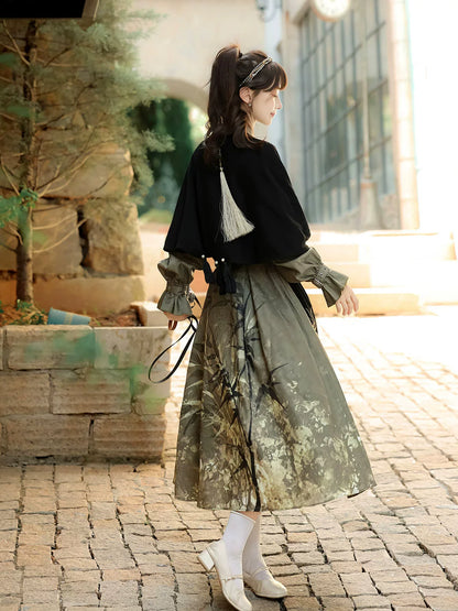 Glitter Bamboo 鎏金竹影 - New Chinese Style Printed Long-Sleeve Dress and Shawl Set (Preorder)